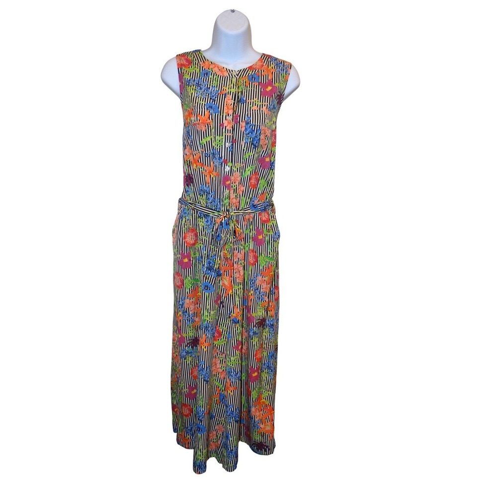 SPENSE Black White Stripe Floral Print Maxi Jumpsuit Women's M Sleeveless Belted